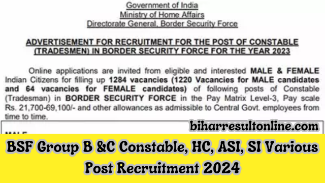 BSF Group B &C Constable, HC, ASI, SI Various Post Recruitment 2024 Online