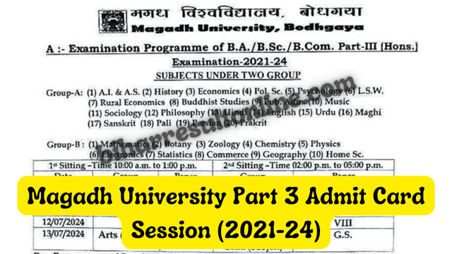 Magadh University Graduation Part 3 Admit Card (Session 2021-2024)