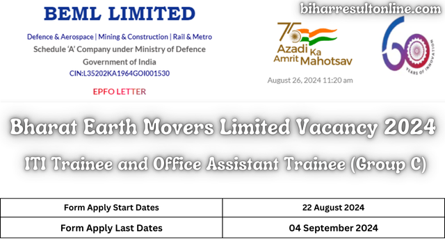 BEML ITI Trainee and Office Assistant Trainee Recruitment 2024 Onlline