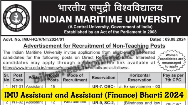 IMU Assistant and Assistant (Finance) Bharti 2024 Online