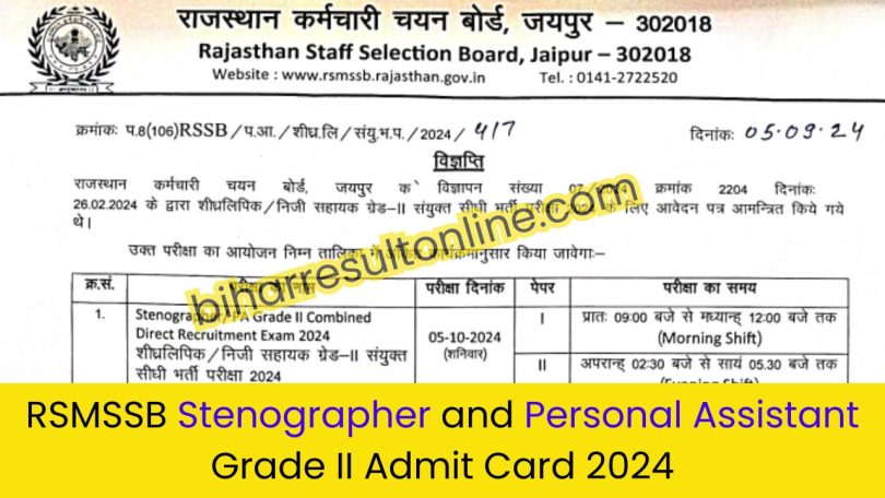 RSMSSB Stenographer and Personal Assistant Grade II Admit Card 2024