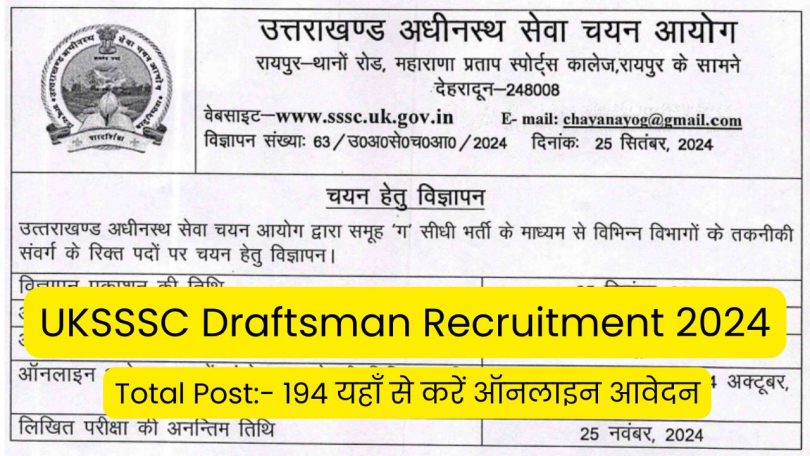 UKSSSC Draftsman & Other Post Recruitment 2024