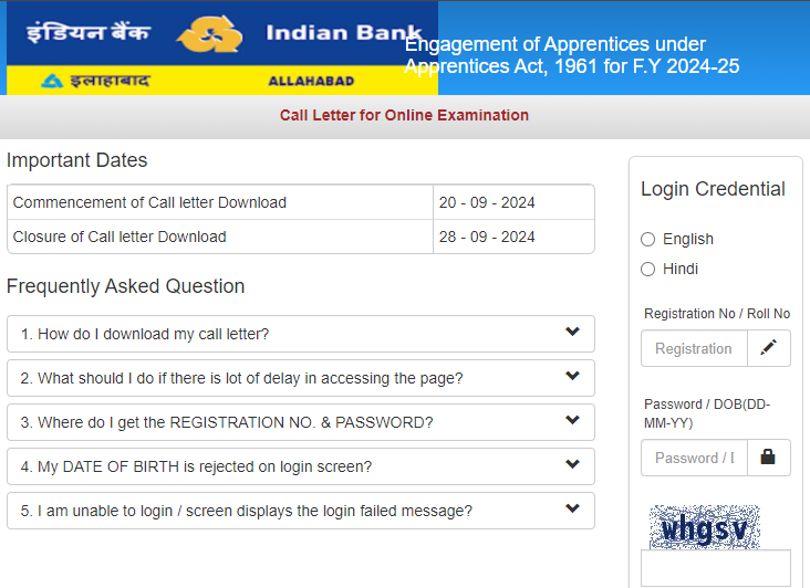 Indian Bank Apprentice Exam Admit Card 2024 Download