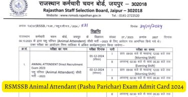 RSMSSB Animal Attendant Admit Card 2024