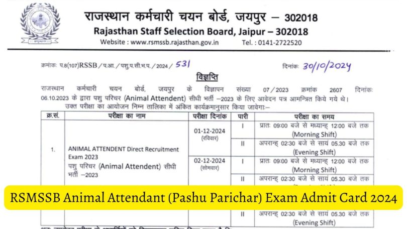 RSMSSB Animal Attendant Admit Card 2024