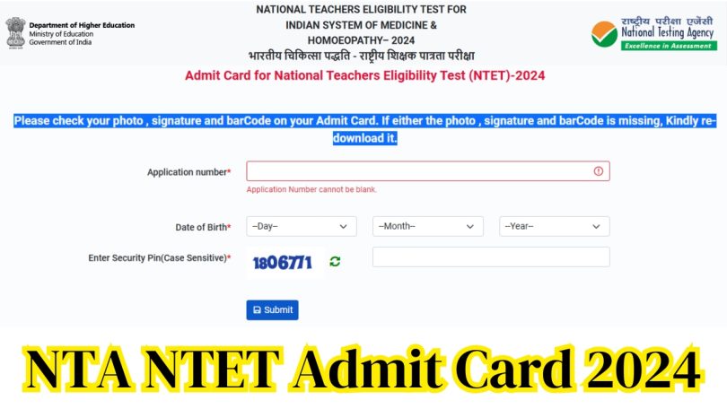 National Testing Agency NTET Admit Card 2024