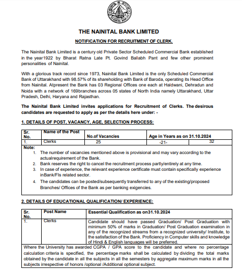 Nainital Bank Clerk Recruitment 2024